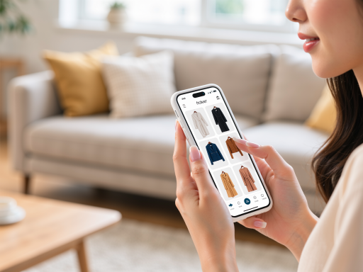 Person using virtual try-on technology on smartphone, showing clothing item overlaid on user image, modern tech interface with blue accents